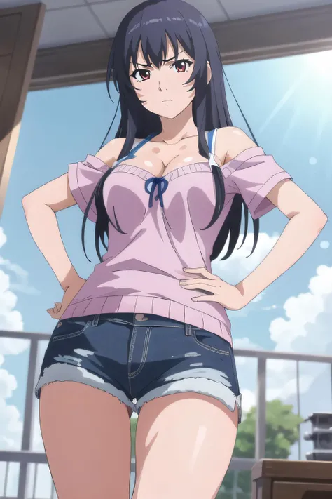 (masterpiece, best quality, high resolution, animescreencap, anime colored,), (perfect anatomy, beautiful detailed eyes, beautiful detailed body, beautiful breast, shiny skin), 1girl, black hair, bangs, large breasts, smiling, pink nipples, arms up behind head , armpits, naked, looking at viewer, blushing, long hair, pubic hair,, ocean, blue sea, blue sky, clouds, sun, black pantyhose