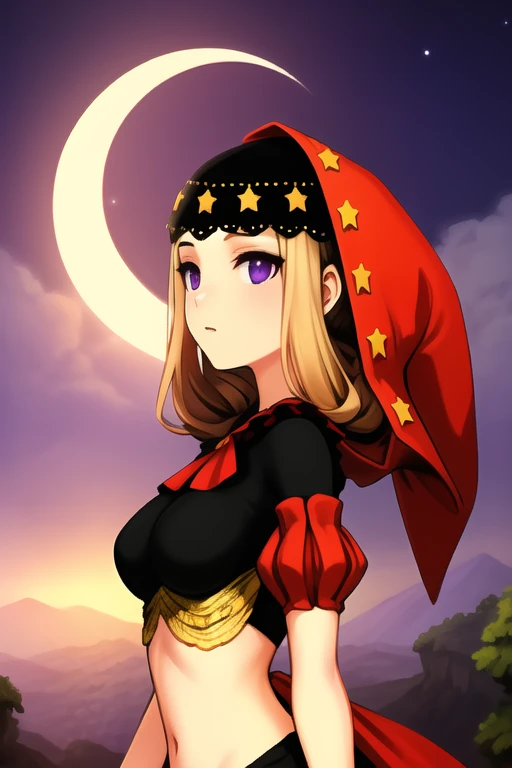 <lora:Velvet-OdinSphere-v1:0.7>velvet, red hood, crop top, puffed sleeves, star hat ornament, long skirt, arched back, upper body,incredibly absurdres, best quality, ((extreme detail)),(ultra-detailed),(painting), chiaroscuro, extremely detailed CG unity 8k wallpaper, (crescent moon), OdinSphereStyle, midnight, cloudy_sky, forest, moonlight, horizon, outdoors, starry sky, tree, OdinSphereStyle, <lora:OdinSphereStylev1.1:0.7> looking at viewer,