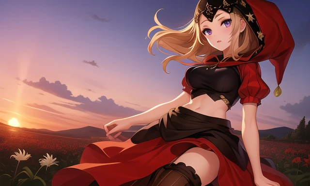 ((extreme detail)),(ultra-detailed),(painting), chiaroscuro, extremely detailed CG unity 8k wallpaper, best quality, (model hair),<lora:Velvet-OdinSphere-v1:0.7>velvet, red hood, crop top, puffed sleeves, star hat ornament, long skirt, vertical-striped stockings, spider lily, field, twilight, dynamic angle, <lora:Criin(Style):0.4>Criin,