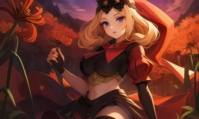 velvet,(hires), ((an extremely delicate and beautiful)), extreme detail, best quality, intricate, (model hair), <lora:Velvet-OdinSphere-v0.9:0.75> red hood, (crop top), detached sleeves, string ribbon, star hat ornament, star_\(symbol\), long skirt, arched back, upper body, simple background, close-up, upper body, night sky background,