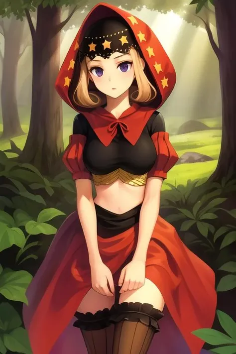 <lora:Velvet-OdinSphere-v1:0.7>velvet, red hood, crop top, puffed sleeves, star hat ornament, long skirt, vertical-striped stockings,incredibly absurdres, best quality, ((extreme detail)),(ultra-detailed),(painting), chiaroscuro, extremely detailed CG unity 8k wallpaper, looking away, day, forest, landscape, flower, grass, leaf, nature, outdoors, plant, path, tree, sunrays, OdinSphereStyle, <lora:OdinSphereStylev1.1:0.5>