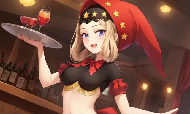 (hires), ((an extremely delicate and beautiful)), extreme detail, best quality, intricate, (model hair), <lora:Velvet-OdinSphere-v0.9:0.7>velvet, red hood, crop top, detached sleeves, string ribbon, star hat ornament, star_\(symbol\), long skirt, arched back, upper body, simple background <lora:cubedcoconut:0.35>cubedcoconut, open mouth, upper body, looking at viewer, lush, (bar background), smile, dancing, (dynamic angle), tray of drinks,