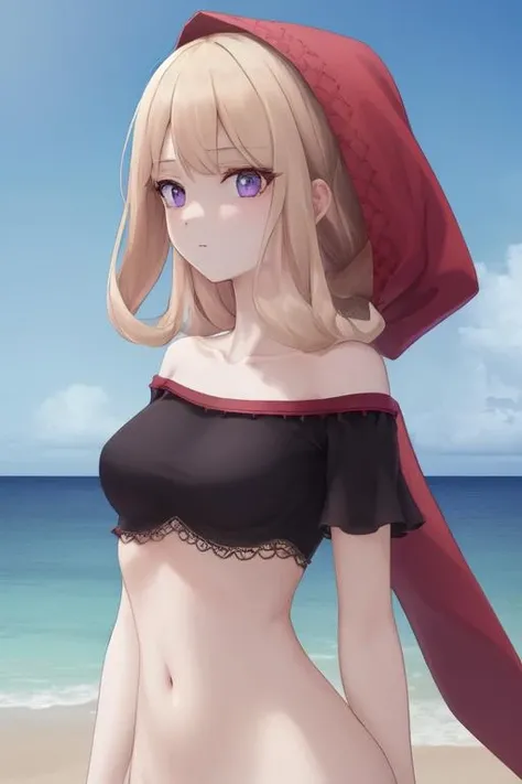 velvet,(hires), ((an extremely delicate and beautiful)), extreme detail, best quality, intricate, 4k, 8k, ((pastel)), high contrast, (model hair), <lora:Velvet-OdinSphere-v0.9:0.75> red hood, (red crop top), upper body, navel, bare shoulders, collarbone, outdoors, blue sky, horizon, ocean background,