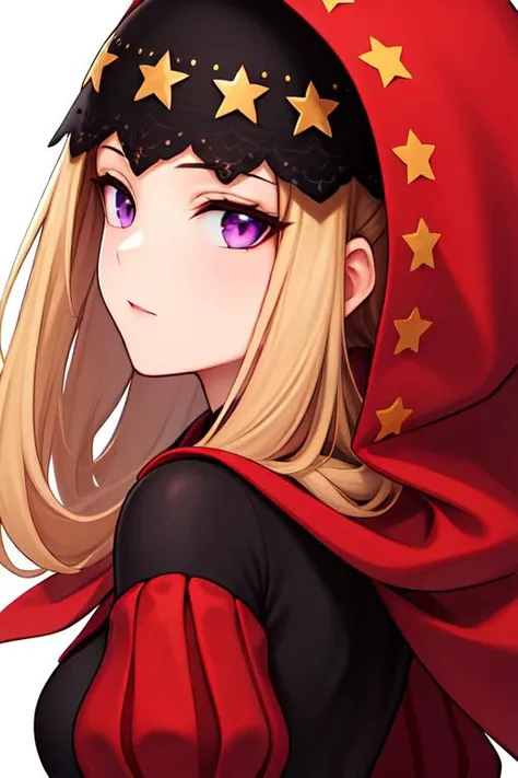 ((extreme detail)),(ultra-detailed), extremely detailed CG unity 8k wallpaper, <lora:Velvetv2:0.7>velvet, red hood, crop top, puffy sleeves, star headdress, from behind, looking back, looking at viewer, close up, white background