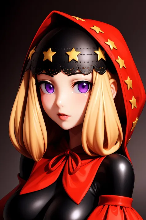 ((extreme detail)),(ultra-detailed), extremely detailed CG unity 8k wallpaper, <lora:Velvetv2:0.7>velvet, figurine, red hood, crop top, star headdress, puffy sleeves, lips, looking away, close-up, head turn, black background