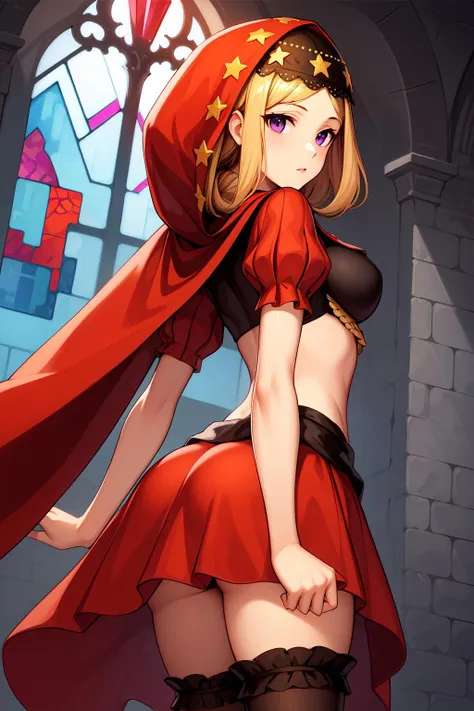 best quality, masterpiece, <lora:Velvetv3:0.7>velvetos, red hood, black crop top with red puffy sleeves, star headdress, waist cape, vertical-striped stockings, from behind, looking back, looking at viewer, cowboy shot, church, stained glass, light rays,