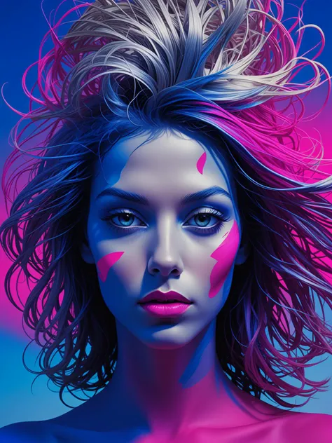 surreal deconstructed portrait of a female face, voluminous hair, abstract background, <lora:DeconDada:0.6> Persian indigo,Silver sand,Egyptian blue,Sizzling Sunrise,Neon fuchsia