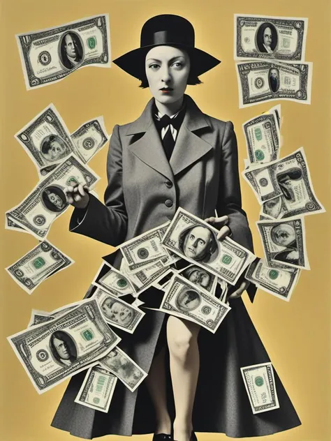 deconstructed photo, woman as personification of cash, epic composition, <lora:DeconDada:1.5> deda style, mixed media, surreal, dada, dadaism art by Johannes Baader,Tsuji Jun,Lyonel Feininger,Jean Arp,Barry Humphries