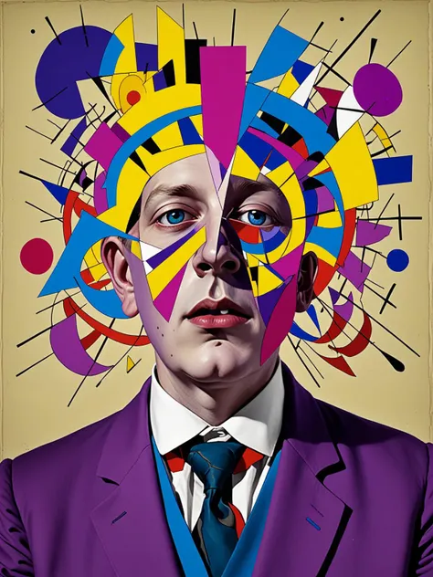 deconstructed portrait, male, Engaging,Energetic composition, abstract,mixed media, dadaism by Serge Charchoune,Richard Huelsenbeck,George Grosz, Quinacridone-Violet,Quinacridone-Purple-Blue,Lemon-Yellow,Quinacridone-Blue,Quinacridone-Magenta-Blue, <lora:DeconDada:1.4> deda style