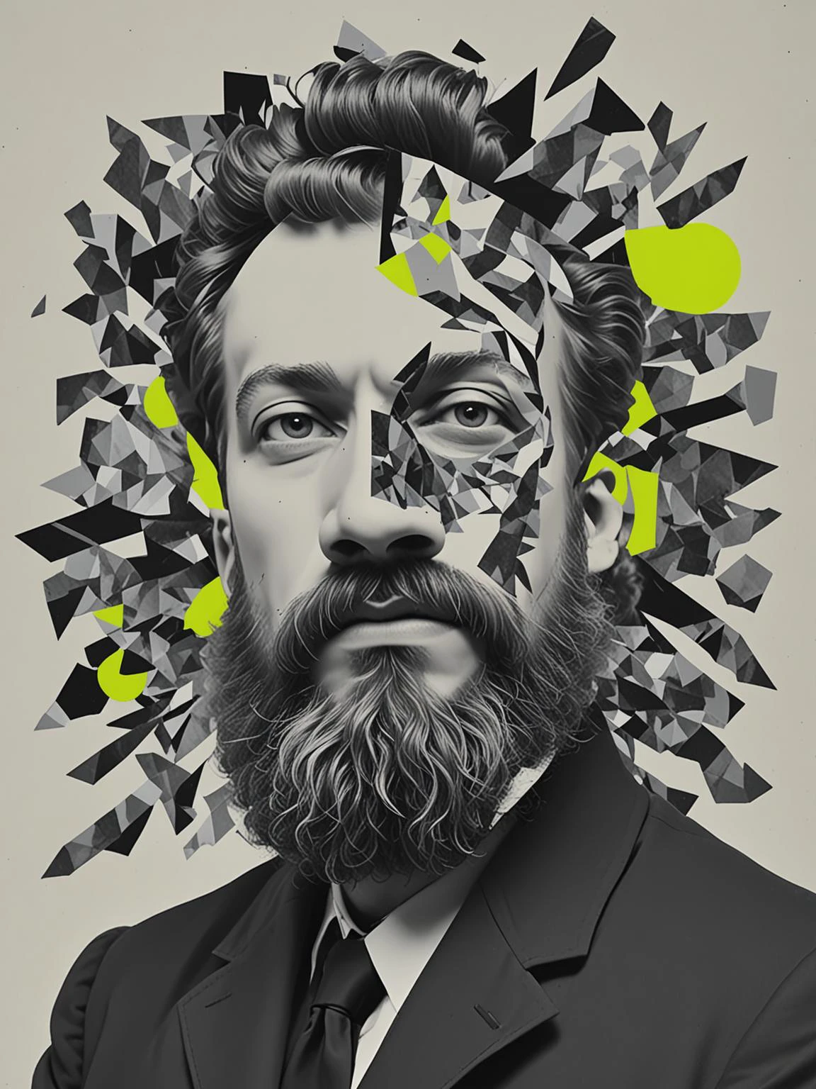 deconstructed b&w portrait, man, masculine, beard, surreal collage, <lora:DeconDada:1.9> Raisin black,Pale silver,lime,Neon blue,amethyst