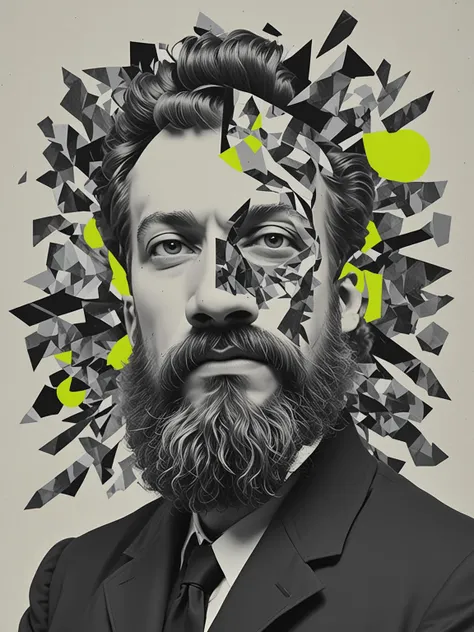 deconstructed b&w portrait, man, masculine, beard, surreal collage,  <lora:DeconDada:1.9> Raisin black,Pale silver,lime,Neon blue,amethyst