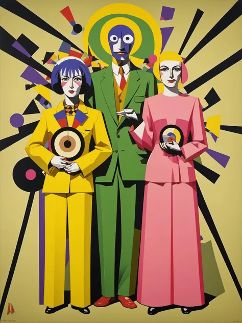 portrait, man and woman as the personification of consumerism, epic composition, <lora:DeconDada:2> deda style, geometric dadaism art by Rudolf Schlichter,Georges Ribemont-Dessaignes,Paul Éluard, Sonic silver,Maximum green yellow,Rich black,Maximum purple,Persian pink