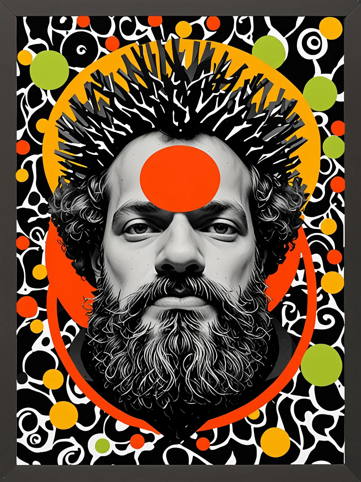 deconstructed b&w portrait, man, masculine, beard, surreal collage, <lora:DeconDada:1.9> Maximum red,Black coral,Deep saffron,Orange-yellow,lime