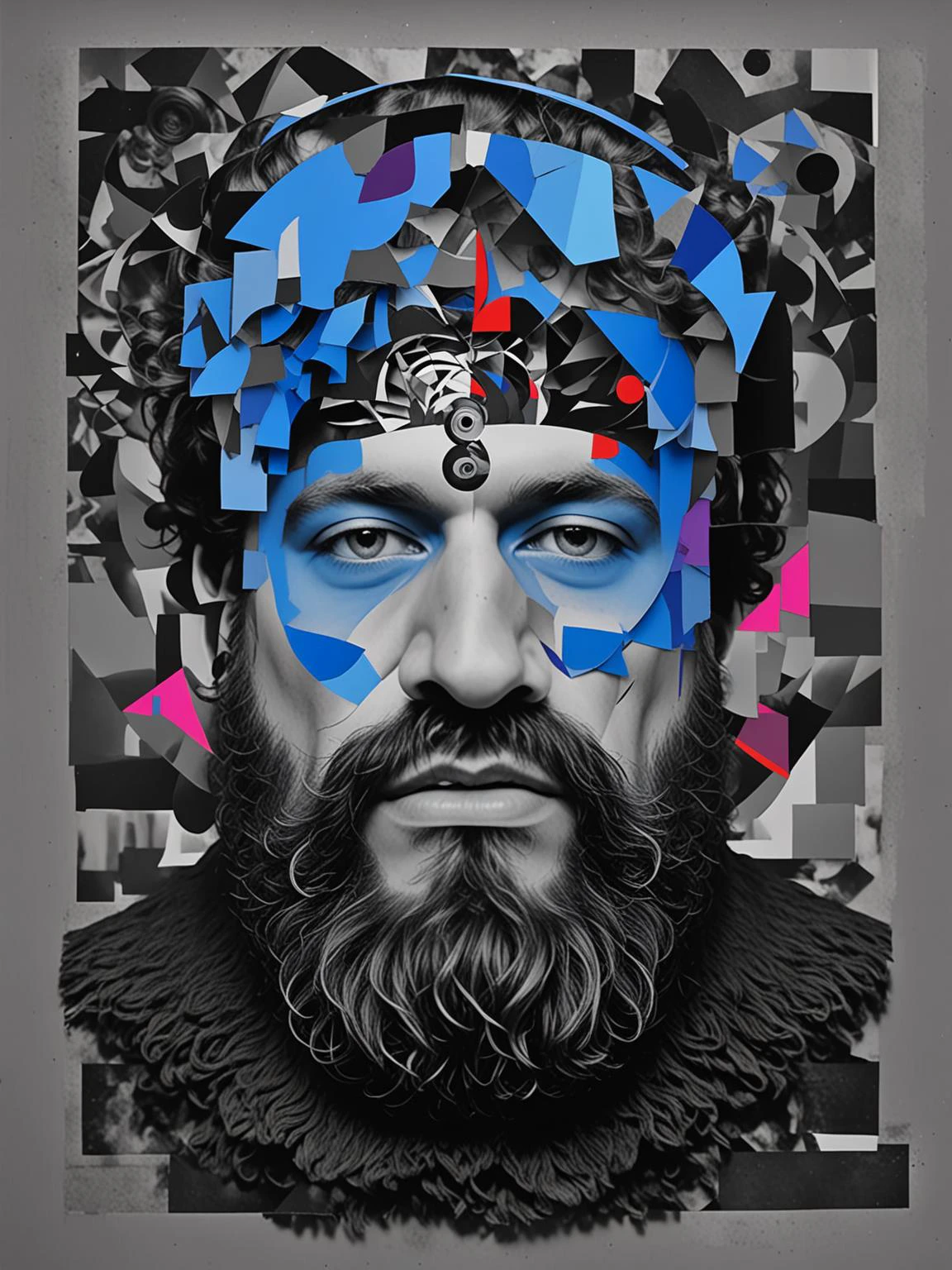 deconstructed b&w portrait, man, masculine, beard, surreal collage, <lora:DeconDada:1.9> Oxford blue,Bronze,Persian plum,Neon blue,Maximum red purple