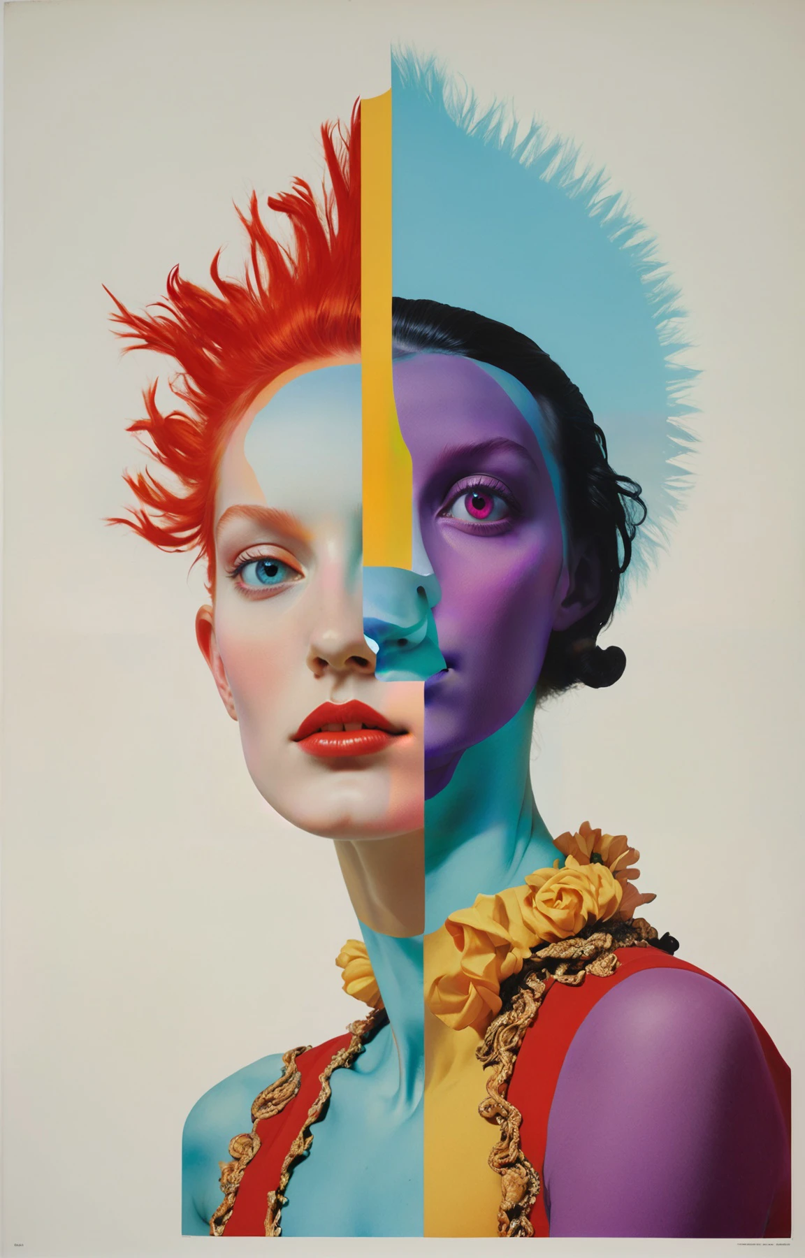 Balletcore aesthetic, colorful surreal collage, photography dadaism art by Elsa von Freytag-Loringhoven and Hans Bellmer and Hans Leybold, deconstructed profile portrait of a young and beautiful Latvian Action Girlfriend from a ridley scott movie. piercing red eyes, soft smile, wearing a Action Girlfriend outfit, bold makeup, glossy lips, detailed face, stunning beauty. (silhouette lighting), (rembrandt lighting), sunshine behind her, highly detailed, insane details, hazy, abstract background <lora:DeconDada:1.4> deda style, Aquamarine, Blue-violet, red, Mango colors