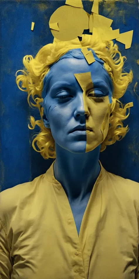 Deconstructed portrait photography, Blue woman, layer of yellow color shadows, mixed media in the dadaism style. Purity. Losing her faith in God. Sophie Taeuber-Arp style <lora:DeconDada-000008:1.4>