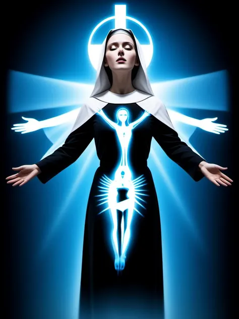 deda style xray image, <lora:DeconDada-000008:1.1>, catholic nun, female, euphoric crucified pose, sensual passion, visual impact, male portrait background, subtle hd-details