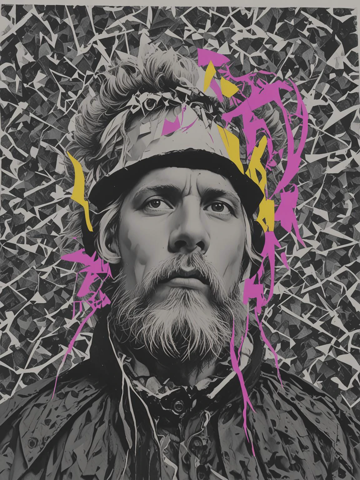 deconstructed b&w portrait, man, masculine, beard, surreal collage, <lora:DeconDada:1.9> Quick Silver,Blue-violet,Persian pink,Neon fuchsia,Cadmium yellow