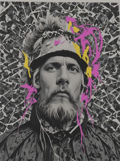 deconstructed b&w portrait, man, masculine, beard, surreal collage,  <lora:DeconDada:1.9> Quick Silver,Blue-violet,Persian pink,Neon fuchsia,Cadmium yellow