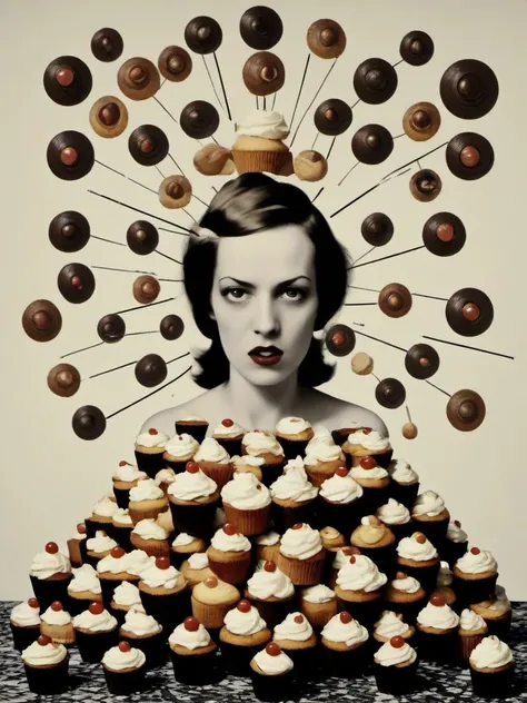 deconstructed photo, woman as personification of creamy cupcakes, intricate, epic composition, <lora:DeconDada:1.5> deda style, mixed media, surreal, dada, dadaism, art by Richard Huelsenbeck,Theo van Doesburg,Walter Serner,Kurt Schwitters,Paul Éluard