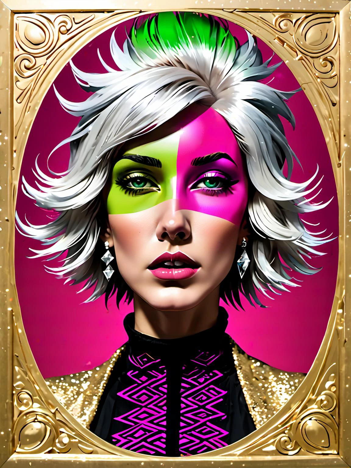 <lora:DeconDada-000008:1.5>, deconstructed abstraction, surreal, hd-details, deda style, portrait, Madam, Short, Wide Hips, Diamond-Shaped Face, Olive Skin, Silver Hair, Green Eyes, Wide Nose, Thin Lips, Receding Chin, Shoulder-Length Hair, Wavy Hair, Fringed Bangs, asymmetrical breasts, Dangle earrings, magenta velvet lipstick, Bomber jacket with a sweater and leggings, sobbing, kicker light, Rule of Thirds, Central Point