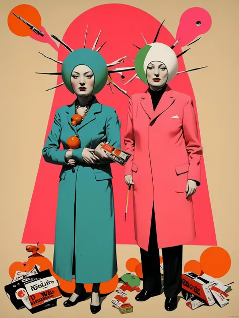 portrait, man and woman as the personification of consumerism,war, epic composition, <lora:DeconDada:2> deda style, deconstructed dadaism art by Yi Sang,John Heartfield,Barry Humphries, Persian orange,Persian pink,Bud green,Persian red,Cyan