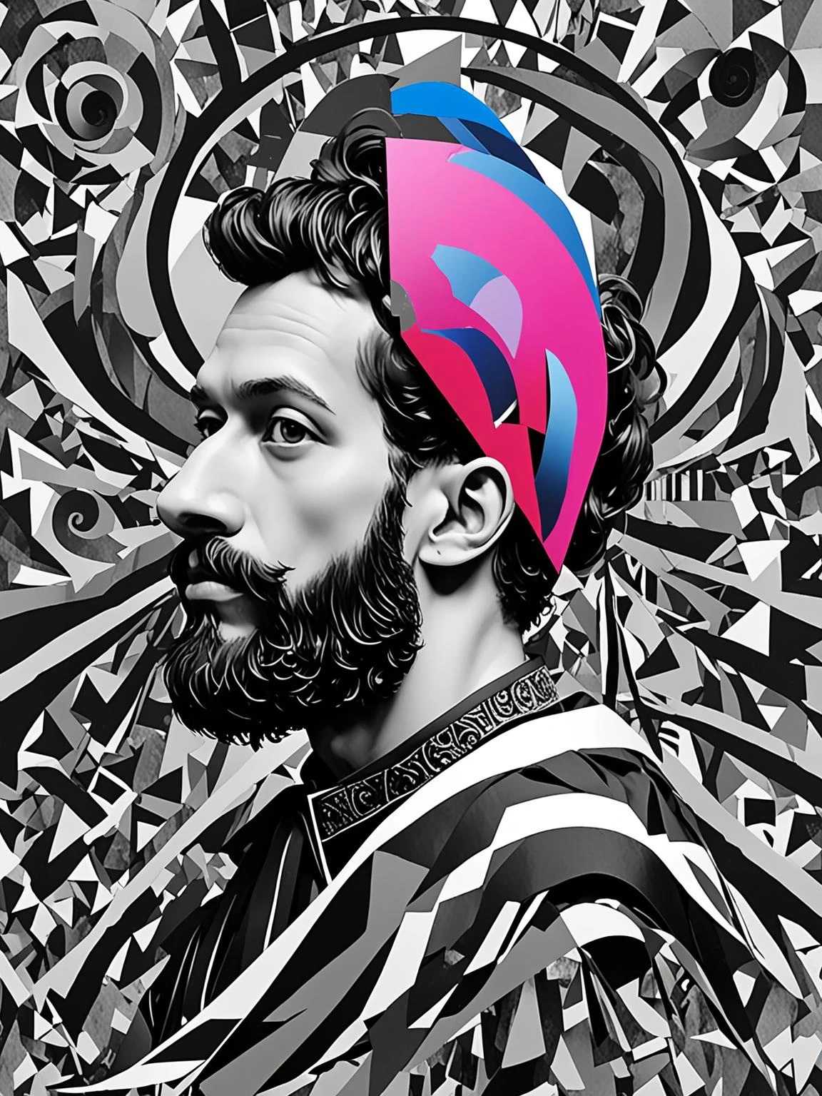 deconstructed b&w portrait, man, masculine, beard, surreal collage, <lora:DeconDada:1.9> Bright maroon,Cosmic cobalt,Candy pink,Egyptian blue,Quick Silver
