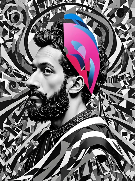 deconstructed b&w portrait, man, masculine, beard, surreal collage,  <lora:DeconDada:1.9> Bright maroon,Cosmic cobalt,Candy pink,Egyptian blue,Quick Silver