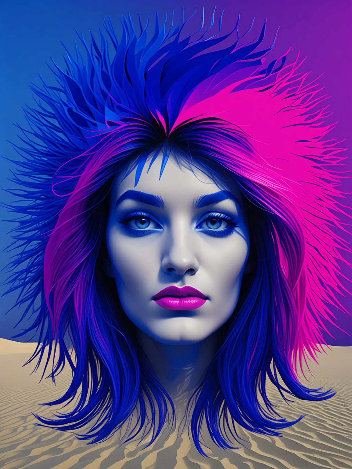 surreal deconstructed portrait of a female face, voluminous hair, abstract background, <lora:DeconDada:1.6> Persian indigo,Silver sand,Egyptian blue,Sizzling Sunrise,Neon fuchsia