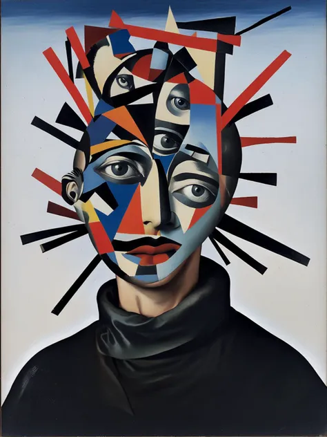 deconstructed avant-garde, dadaist portrait, depicting the winter solstice and inspired by Theo van Doesburg,Georges Hugnet,Gino Cantarelli, Vibrant, severed head background,<lora:DeconDada2:1.7>