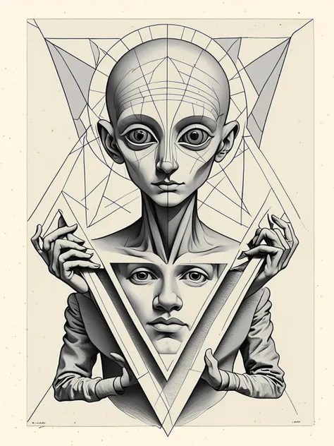 Dada style (pencil sketch) of a human holding a portrait of a gray alien over his face, geometric, Symbolic-details, by Jean Crotti,Walter Serner,Marcel Janco, <lora:DeconDada:2>