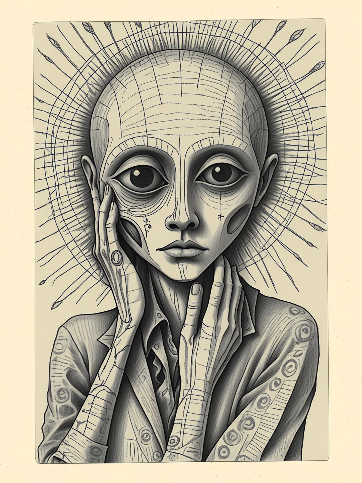 Dada style (pencil sketch) of a human holding a portrait of a gray alien covering his face, Art Brut, Macabre-details, by Viking Eggeling,Beatrice Wood,Georges Hugnet, <lora:DeconDada:1.8>