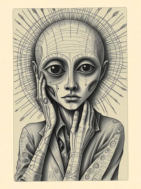 Dada style (pencil sketch) of a human holding a portrait of a gray alien covering his face, Art Brut, Macabre-details, by Viking Eggeling,Beatrice Wood,Georges Hugnet, <lora:DeconDada:1.8>