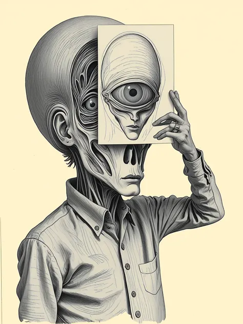 Dada style (pencil sketch) of a human holding a portrait of a gray alien covering his face, Virtual Reality, Fluid-details, by Walter Serner,Beatrice Wood,Benjamin Péret, <lora:DeconDada:1.8>