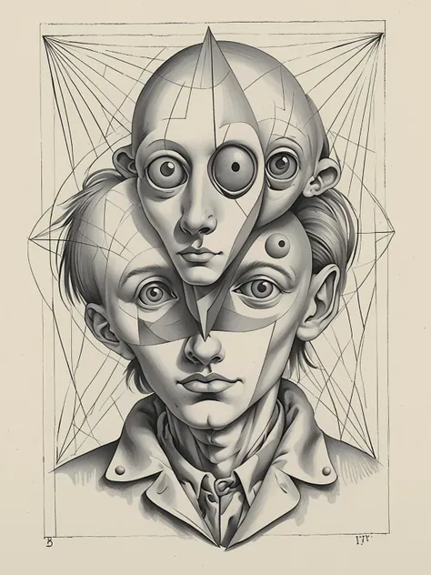 Dada style (pencil sketch) of a human holding a portrait of a gray alien over his face, geometric, hd-details, by Filippo Tommaso Marinetti,Bellmer Hans,Hans Bellmer, <lora:DeconDada:2>