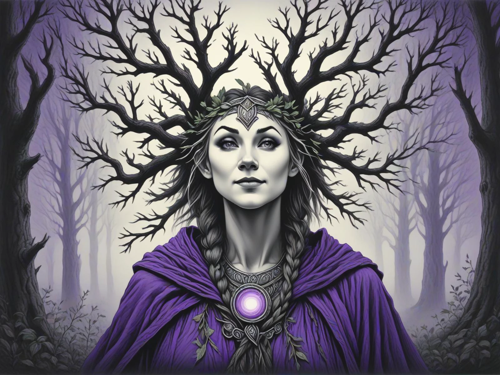 photo realistic drawing, detailed portrait of a druid, holding a leafy oak branch, female, happy expression, volumetric fog, realistic, ultra detailed Symbolic art background, cinematic quality, breathtaking drawing, ultra-wide-angle, <lora:Black_pencil_drawing:1> charcoal, pencil drawing, surreal, <lora:DeconDada:1.7>, Zinc-White,Cadmium-Barium-Red-Light,Cobalt-Violet-Deep