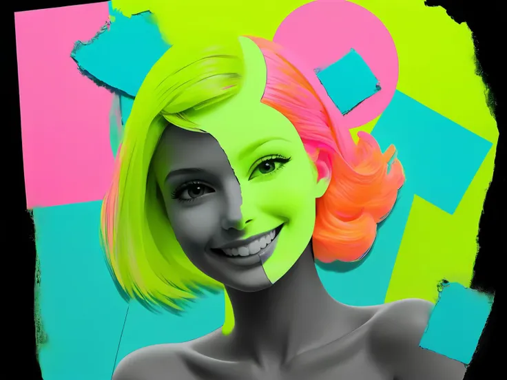 <lora:DeconDada-000008:0.4> monochrome, (photo:1.2)  feminine smile, female focus, deconstructed,  abstract, visually striking, mixed media, orange, lime-green, barbie-pink, matt-black, powder-blue, neon-yellow