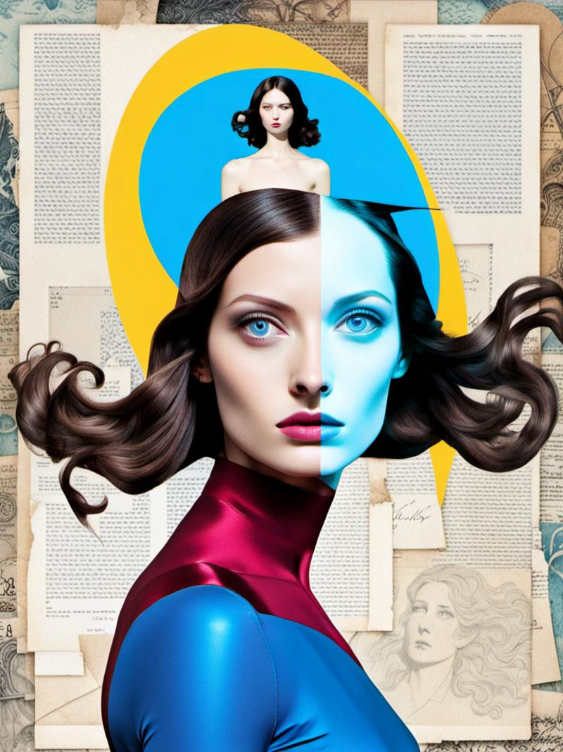 deconstructed photo, deda style, <lora:DeconDada-000008:1.0>, collage, mixed media, surreal, abstract, Superwoman, Average Height, Narrow Hips, Oval Face, Fair Skin, Dark Brown Hair, light blue Eyes, Wide Nose, Thin Lips, Receding Chin, Long Hair, Coarse Hair, Voluminous Waves, dynamic posture, Light blue,Antique ruby,Cerulean blue,Mikado yellow,Alice blue, hd-details