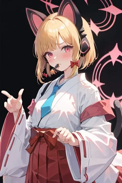 best quality, masterpiece, highres, 1girl, solo, {white kimono:1.35}, {red hakama:1.35}, {wide sleeves:1.20}, {momoi_bluearchive:1.15}, animal_ears, headphones, blonde_hair, fake_animal_ears, animal_ear_headphones, cat_ear_headphones, bow, halo, hair_bow, bangs, pink_eyes, blush, open_mouth, short_hair, necktie, blue_necktie, red_bow, cat_ears, red_eyes