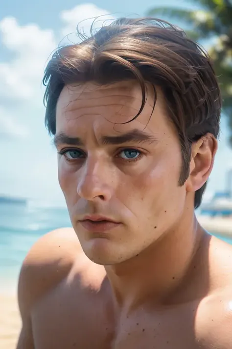 a caucasian man <lora:al4nd3l0n:1> on vacation, head:1.1, close up:1.1, bokeh, candid, amateur, HD, 8K, cinematic lighting