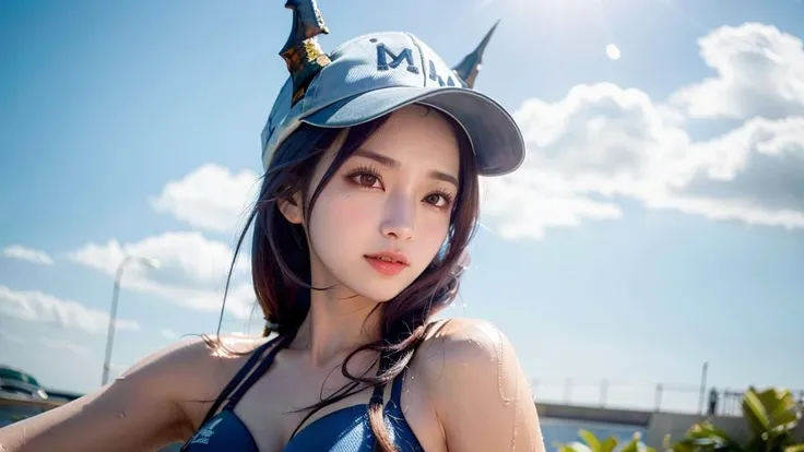 swimbikini, horns, peaked cap, in water, (upper body:1.3), (RAW photo, best quality, masterpiece:1.2), (realistic, photo-realistic:1.37), (aegyo sal:1), professional lighting, photon mapping, radiosity, physically-based rendering, pureerosface_v1,