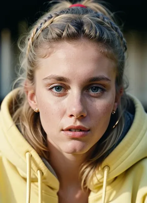 A stunning intricate color close up portrait of (sks woman:1) , wearing Ripped jeans and oversized hoodie, epic character composition, sharp focus, natural lighting, subsurface scattering, f2, 35mm, film grain, , by Tim Walker, <lora:lora-small-olivia-newton-john-v1:1>