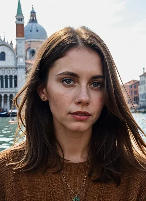 portrait of sks woman in Venice, at the St. Marks Square, by Flora Borsi, style by Flora Borsi, bold, bright colours, ((Flora Borsi)), by Edward Weston, <lora:lora-small-olivia-newton-john-v1:1>