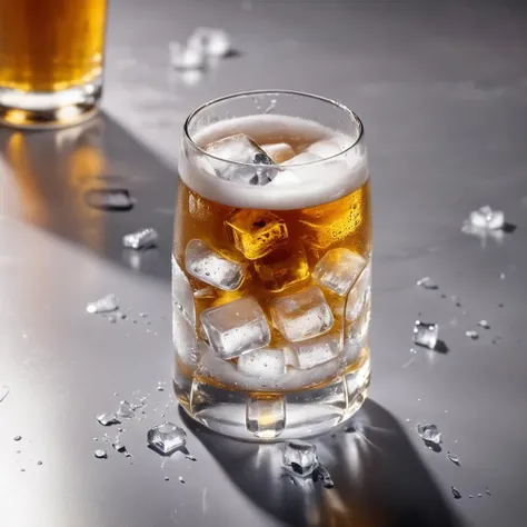 The cup itself is a crystal clear glass filled with ice and beer. Some of the ice cubes are clear, while others are blurred by the chilled drink <lora:drinks:1>