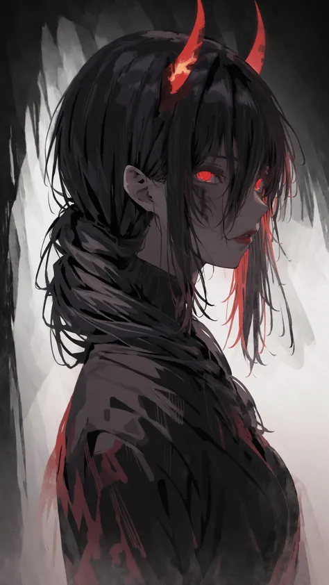 <lora:Chainsaw man painted style:1>, dark portrait of a face of a demon girl, (profile), flowing hair, black hair, demon horns, red lips, looking at viewer, slit pupils, red eyes, detailed iris, detailed eyes, ((glowing eyes)), burn injury glowing red on her face, flaming eye, made of ([red and black]:1.3) colors,highly detailed, 8k, sharp, professional, clear, high contrast, high saturated, , vivid deep blacks, crystal clear, (focus eyes:1.5), (glowing flying ember on the background:1.3), simple background, blurry background, masterpiece, best quality