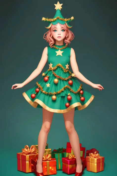 1girl, teal eyes, pink hair, christmas tree dress <lora:Christmas Tree Dress_v1:1>, lighthouse