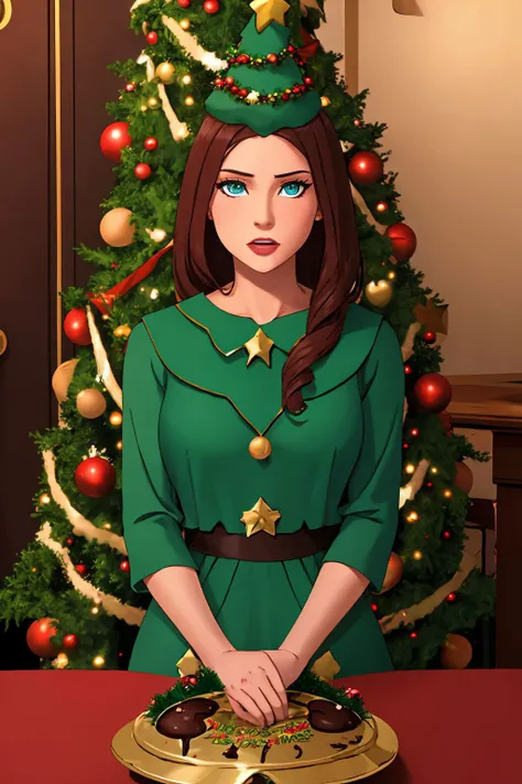 1girl, coral eyes, chocolate hair, christmas tree dress <lora:Christmas Tree Dress_v1:1>, courtroom