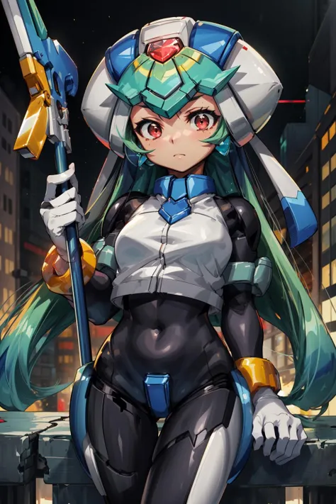 masterpiece,best quality,1girl,pandora \(mega man\),android,forehead jewel,gem,bodysuit,covered navel,gradient,red eyes,green hair,long hair,holding weapon,polearm,expressionless,cityscape,science fiction,<lora:pandora:0.9>,