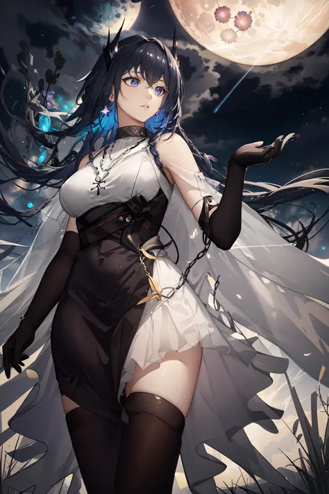 <lora:arknightsCantabile_v10:0.8>, cantabile \(arknights\), original_outfit, head, expansive landscape photograph , (a view from below that shows sky above and open field below), a girl standing on flower field looking up, (full moon:1.2), ( shooting stars:0.9), (nebula:1.3), distant mountain, tree, production art, (warm light source:1.2), (Firefly:1.2), lamp, lot of purple and orange, intricate details, volumetric lighting, (masterpiece:1.2), (best quality), 4k, ultra-detailed, (dynamic composition:1.4), highly detailed, colorful details,( iridescent colors:1.2), (glowing lighting, atmospheric lighting), dreamy, magical, (solo:1.2), cheerful, (black gloves), (elbow gloves)
