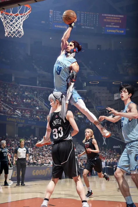 sleeveless basketball jersey, indoor stadium, <lora:Jetstream_Sam:0.8> Jetstream Sam, <lora:VergilDMC:0.8> VergilDMC <lora:elie-ver2-nv-lightbaked-v1:0.8> elie macdowell <lora:mackenyu:0.8> mackenyu, mackenyu, zoro, <lora:kitagawa_marin_v1-1:0.8> kitagawa marin, <lora:oc_justtnp:0.8> justtnp, <lora:concept_slamdunk:1> <lora:HoldingMonsterEnergy:0.8> HoldingMonsterEnergy